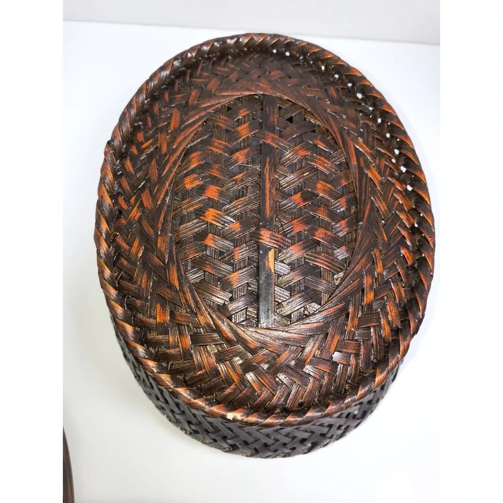Woven Bamboo Oval Storage Basket Box Container W Lid Herringbone Weave Lacquered